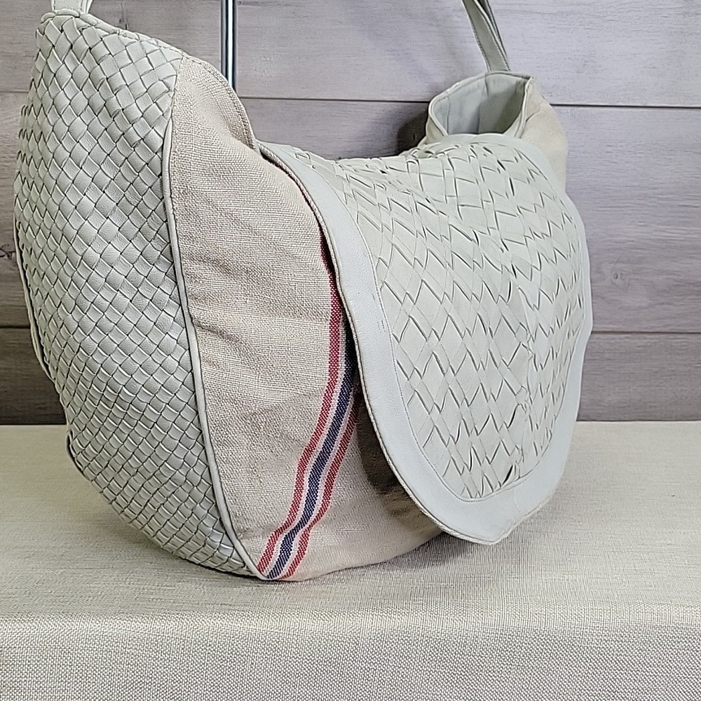 Claramonte Taupe Gray Canvas Leather Woven Slouch Shoulder Bag Hobo Handbag - Picture 3 of 13